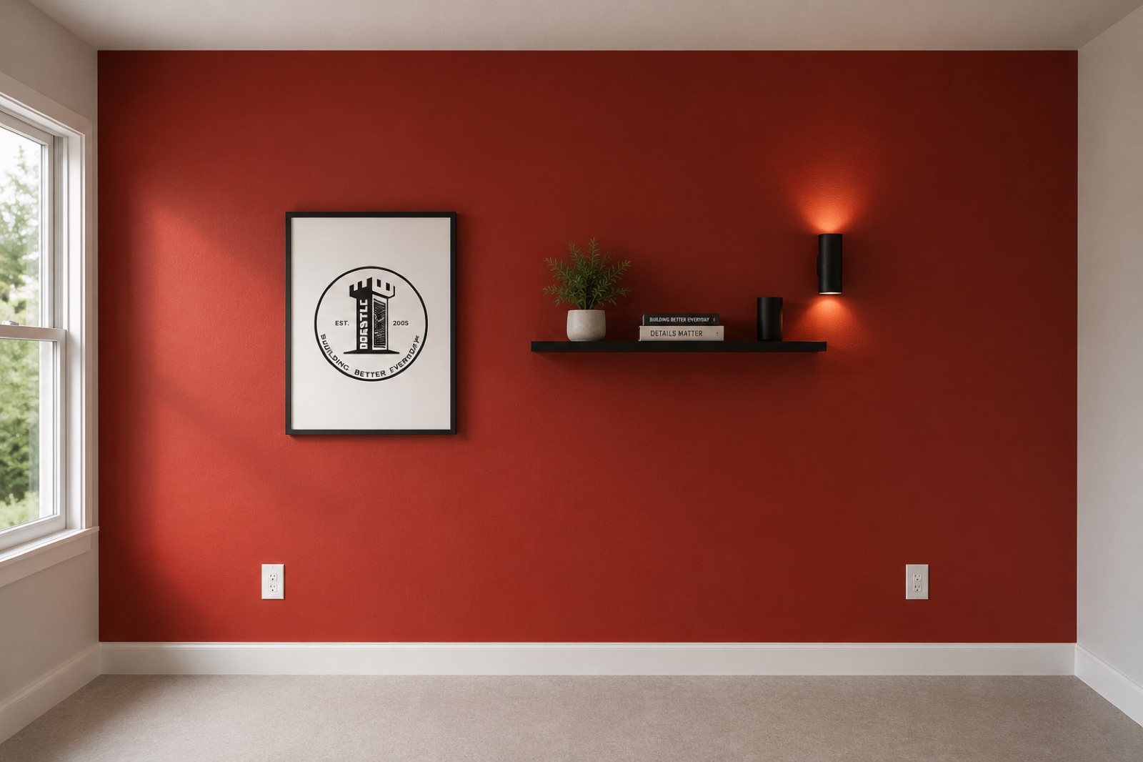 Finished room with painted red accent wall, trim and decor